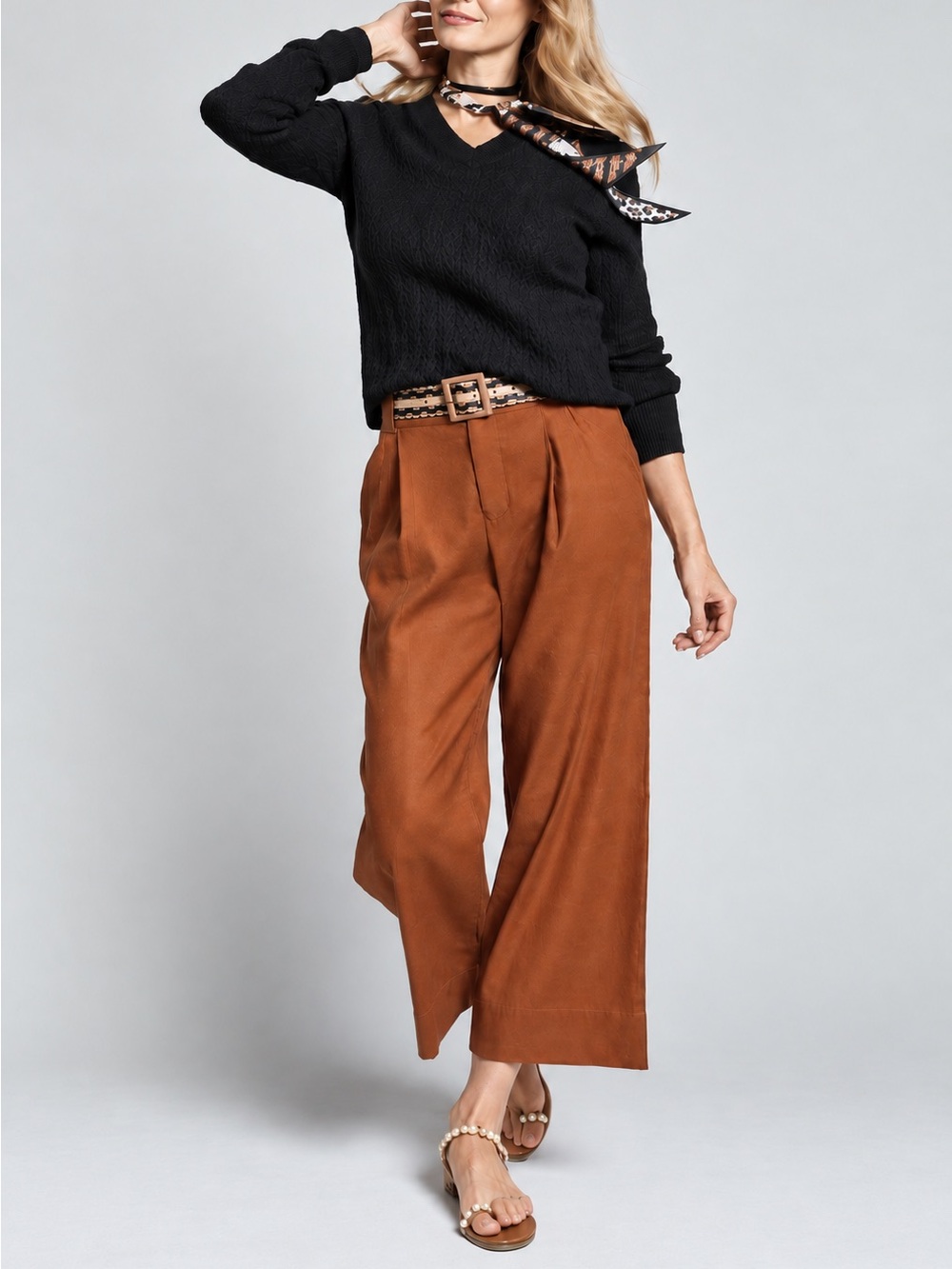 CAbi #6478 Cruise Crop Pants M Terracotta Orange Wide Leg Linen Blend